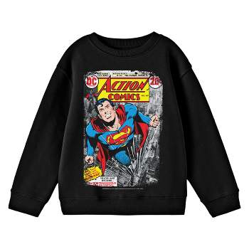 Superman Distressed Action Comics Cover No. 419 Crew Neck Long Sleeve Black Youth Tee