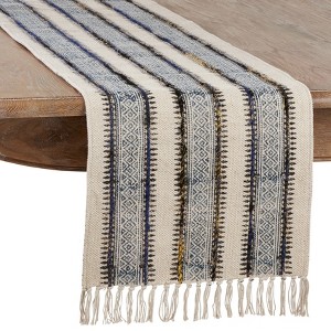 Saro Lifestyle Embroidered Block Print Runner, Indigo, 16" x 72" - 1 of 3