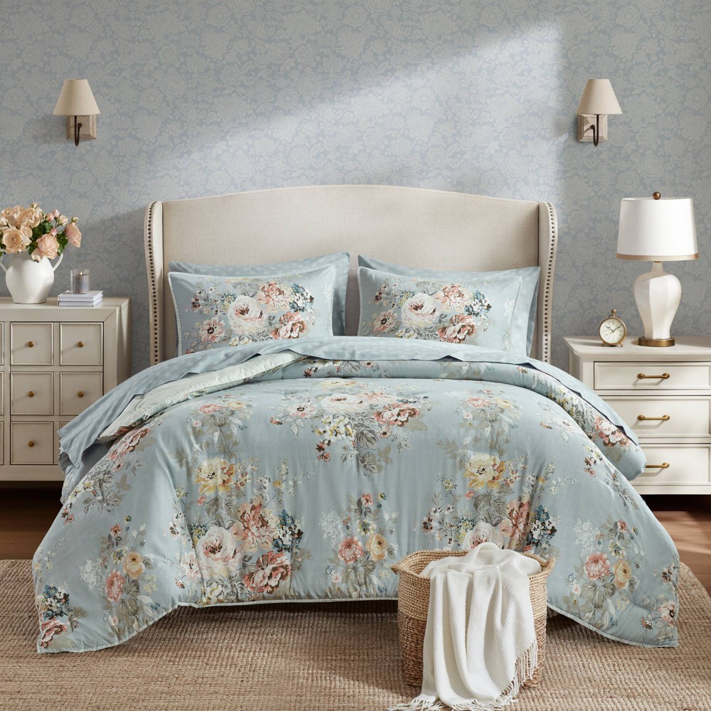 Madison Park Essentials Twin XL Heather Floral Reversible Comforter Bedding Set Soft Blue