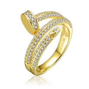 14K Gold Plated Bypass Ring with Clear Cubic Zirconia – A Radiant and Modern Design Showcasing Sparkling Stones in an Elegant Bypass Setting - 1 of 3