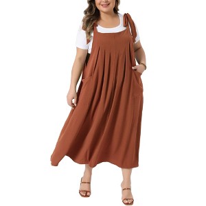 Women's Plus Size Tie Shoulder Strap Pleated Jumper Pinafore Casual Overall Dresses with Pockets - Agnes Orinda - 1 of 4