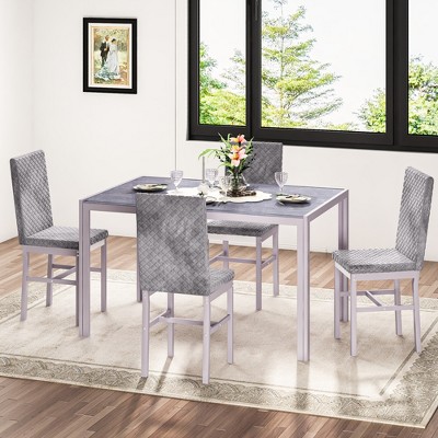 Hooseng Modern Luxurious Style 5/7 Piece Dining Room Table Set, Tempered Glass Top Dining Table Set for 4/6, Metal Frame And Upholstered Dining Chairs