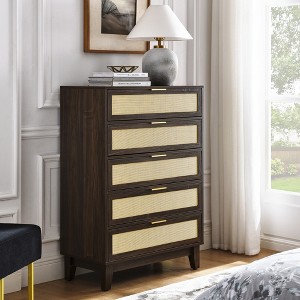 31.50"Bedroom 5 drawer dresser, rattan dresser modern wooden chest of drawers with spacious storage space,Black - 1 of 4