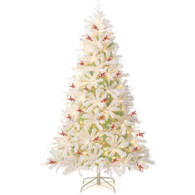 Tangkula 7FT Pre-lit Artificial Christmas Tree Hinged Xmas Tree w/ 855 Snow Flocked Branch Tips 350 Warm White LED Lights White Twigs Red Berries
