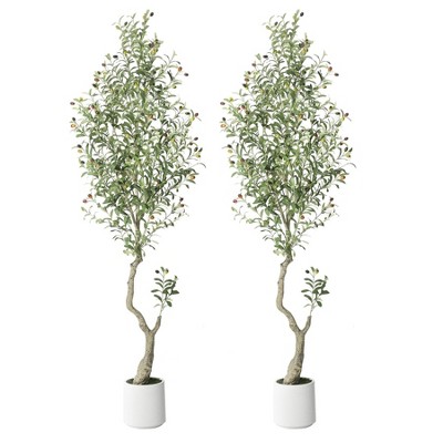 Tall Faux Olive Tree，5/6/7ft（60/72/84in） Tall Faux Olive Tree with White Planter and Green Fake Moss , 1 o r 2 Pack