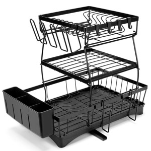 SEVOBAL 3-Tier Dish Drying Rack Drain Board Tray Dish Rack Utensil Cutting Board Holder Kitchen Organizer Kitchen Counter, Black, 16.97"*11.7"*5.66" - 1 of 4