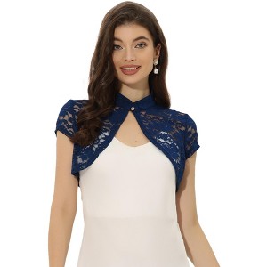 INSPIRE CHIC Women's Lace Stand Collar Pearl Button Short Sleeve Cropped Shrug - 1 of 4