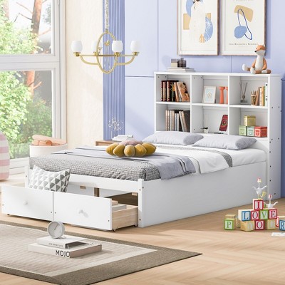 NicBex Full Size Platform Bed Modern Wooden Bed Frame with Storage Headboard, 2 Drawers and Ports for Bedroom, No Box Spring Required, White