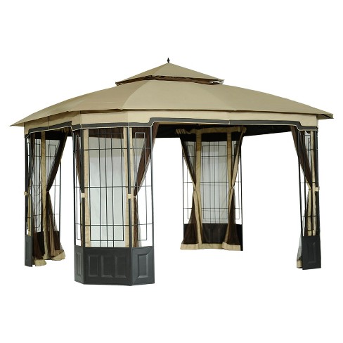 Sunjoy Vivian 11 Ft X 11 Ft Tan And Brown 2 Tone Pop Up Portable Steel Gazebo With Netting 169193 The Home Depot