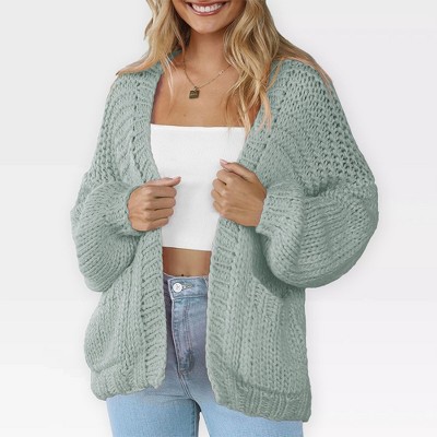 Women's Sweater Knit Cardigan with Pockets - Open Front Cable Knit Chunky Thick Sweater for Comfy Winter Knitwear,Gray Green - 2XL