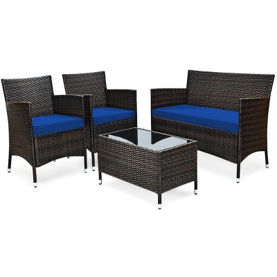Tangkula 4-Piece Patio Rattan Wicker Conversation Furniture Set Sofa Chair Table Set