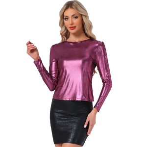 Allegra K Women's Long Sleeve Puff Sleeve Party Glitter Shiny Metallic Tops - 1 of 4