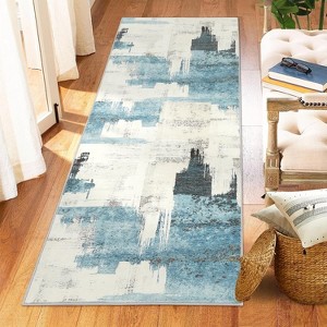 Acekool 9x12 Modern Abstract Area Rug, Machine Washable Low Pile, Non-Slip Stain Resistant Carpet for Living Room, Bedroom, Office, Beige Blue - 1 of 4