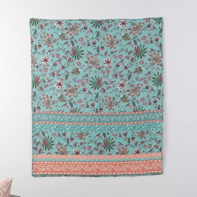 Turquoise and Coral Floral Quilted Reversible Throw Blanket