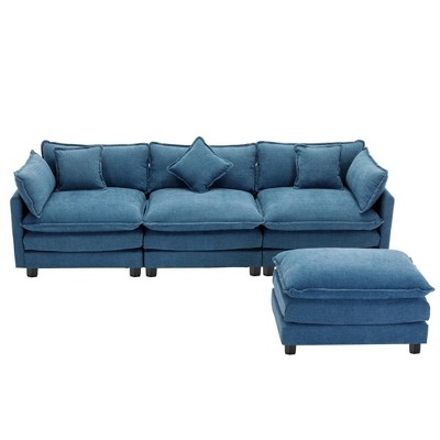 NicBex 112.2 Inch L-Shape Chenille Upholstered Sofa with Ottoman and 5 Pillows for Living Room,Bedroom,Blue