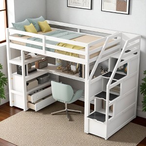 Twin Loft Bed with Desk, Shelves, Drawers, and Storage Staircase, Solid Wood Frame in White, Space-Saving Kids Bed - 1 of 4