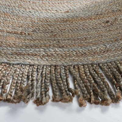 Gray Round Handmade Braided Jute Area Rug with Fringe