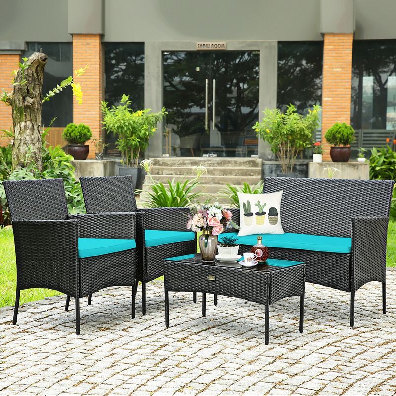 Costway 4PCS Patio Rattan Furniture Set Cushioned Sofa Coffee Table Backyard Turquoise/Red/White/Grey/Navy, 4 of 11