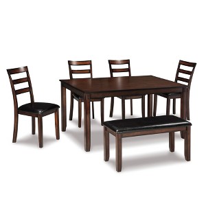 Signature Design by Ashley Coviar Dining Table Set Brown: 6-Piece Rectangular Room Furniture, Upholstered Bench & Chairs - 1 of 4