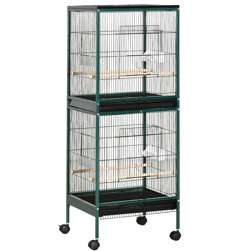 PawHut 55" 2 In 1 Bird Cage Aviary Parakeet House for finches, budgies with Wheels, Slide-out Trays, Wood Perch, Food Containers, 1 of 7