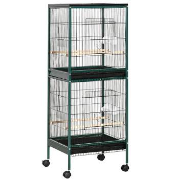 PawHut 55" 2 In 1 Bird Cage Aviary Parakeet House for finches, budgies with Wheels, Slide-out Trays, Wood Perch, Food Containers