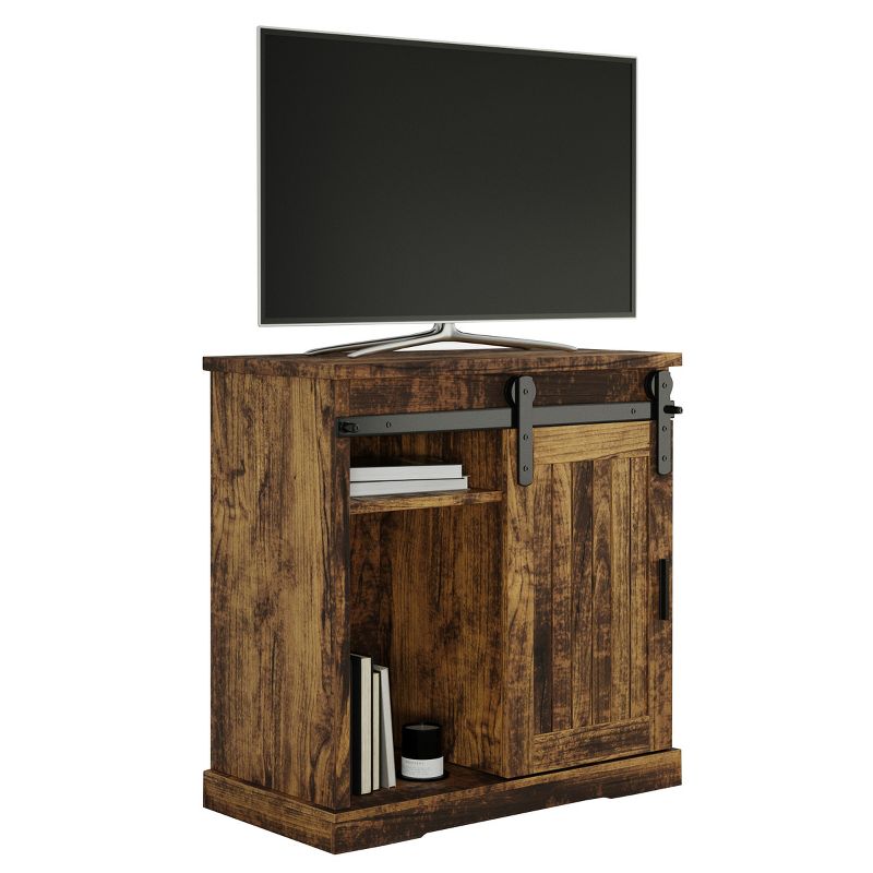 Lavish Home 34-inch Tall TV Stand with Media Console Shelves and Sliding Barn Style Door, Brown Woodgrain, 1 of 9