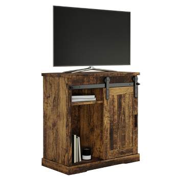 Lavish Home 34-inch Tall TV Stand with Media Console Shelves and Sliding Barn Style Door, Brown Woodgrain