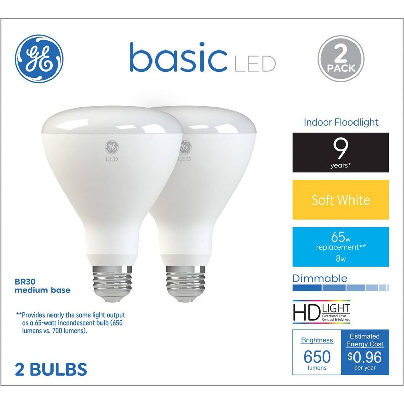 GE 2pk 8 Watts Soft White Medium Base LED Basic Indoor Floodlight Bulbs, 5 of 7