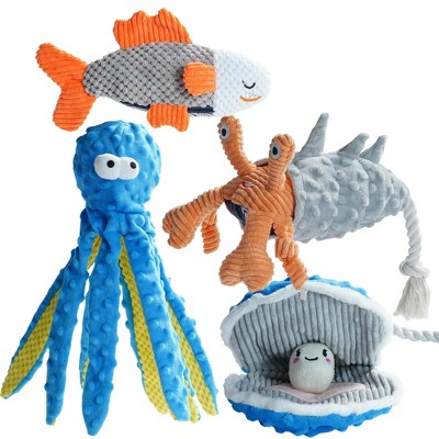 Nocciola 4 PCS Sea Creatures Crinkle Squeaky Dog Toys,Christmas gift,Octopus Shark Crab Mussel Toys, Interactive Toys for Small, Medium & Large Dogs
