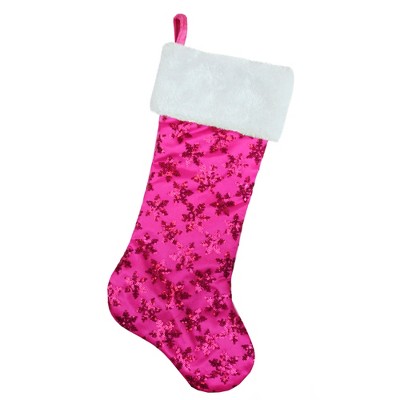 Northlight 20.5" Pink Sequin Snowflake Christmas Stocking with Faux Fur Cuff
