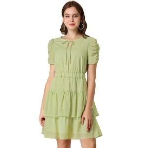 Allegra K Women's Swiss Dots Ruched Short Sleeve Elastic Waist Layer Ruffle Hem Dress - 1 of 4