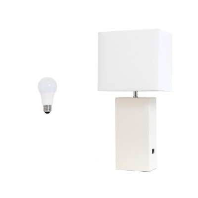 21" White Leather Base Modern Nightstand Lamp with USB Port