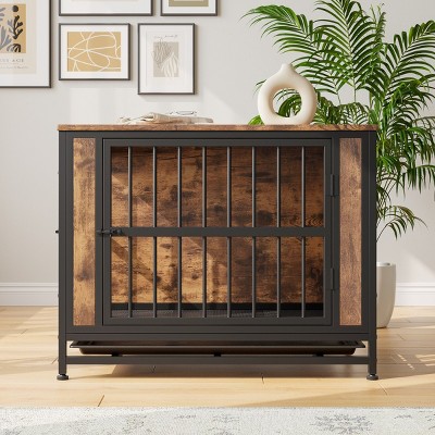 LAOTIES Wooden Dog Crate Furniture,Indoor Kennel,Sliding Doors,Chew-Resistant Frame And Pull-Out Tray