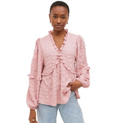 ellos Plus Size Ruffle Trim V-Neck Babydoll Blouse