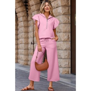 Textured Ruffled Sleeve Zipped Top and Wide Leg Pants Set - 1 of 1