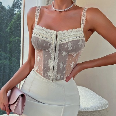 Women's Floral Lace Sheer Mesh Corset Bodysuit Spaghetti Strap Cami Tops Going Out