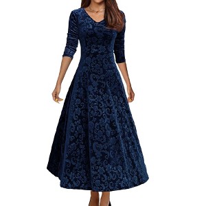 Women's Velvet Midi Dress, Elegant Long - Sleeve V - Neck Formal Evening Gown - 1 of 4