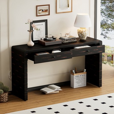 Curved Console Table with Storage, Wooden Entryway Table with 2 Drawers, Farmhouse Rustic Console Tables for Entryway, Hallway, Living Room