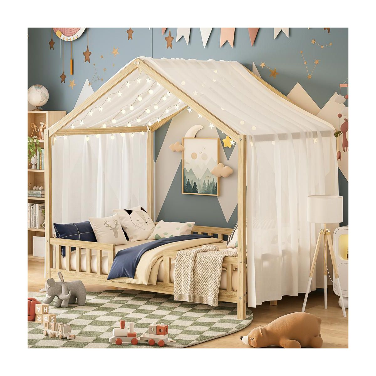 Merax Montessori Floor Bed with Canopy and Full Safety Railings, Full, Natural
