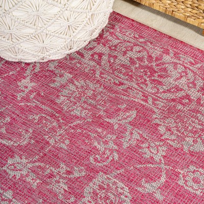 Fuchsia and Light Gray Square Floral Synthetic Area Rug