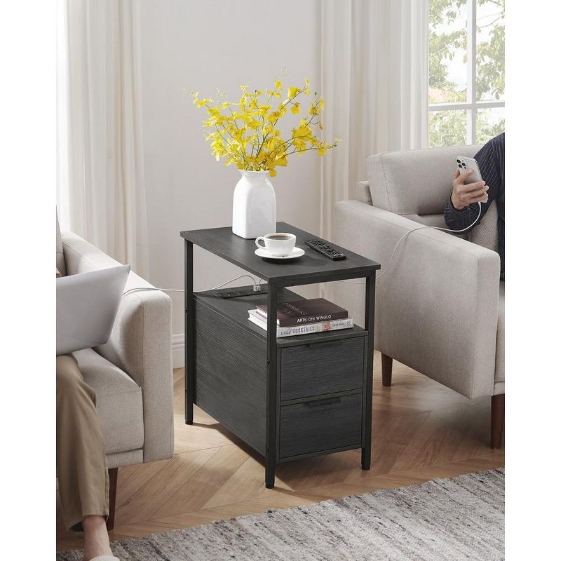 VASAGLE Side Table with Charging Station, Narrow End Table with 2 Drawers, Slim Nightstand and Bedside Table with Storage, 3 of 10