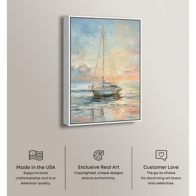 Sailing Boat at Sunset Canvas Wall Art with White Frame