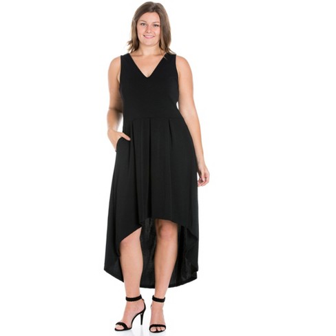 24seven Comfort Apparel Womens Plus Size High Low Party Pocket  Dress-BLACK-1X