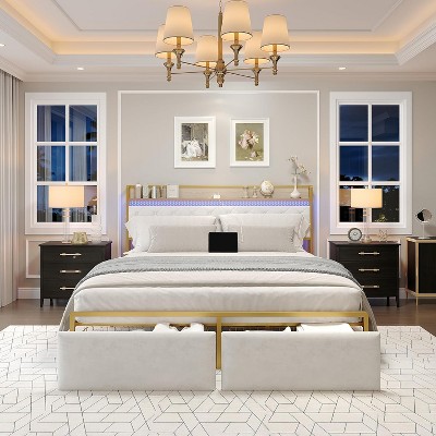 Metal Bed Frame with LED Lights & 2 Drawers, Upholstered Charging Storage Headboard, Noise-Free, Sturdy Build