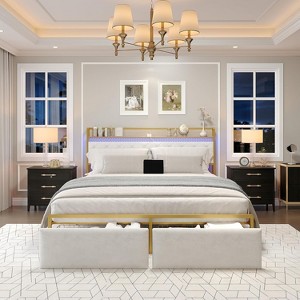 Metal Bed Frame with LED Lights & 2 Drawers, Upholstered Charging Storage Headboard, Noise-Free, Sturdy Build - 1 of 4