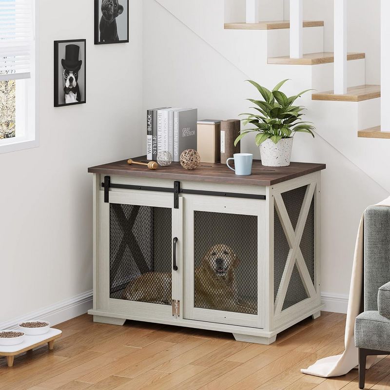 Whizmax 37'' Dog Crate Furniture Side End Table with Flip Top and Movable Divider, Wooden Dog Crate Table Large, Dog Kennel Side End Table, White, 4 of 9