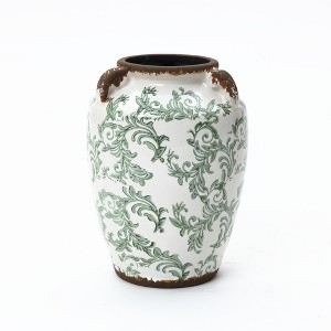 LuxenHome Green Floral Wide-Mouth Waterproof Ceramic Vase, 7.28" Round Indoor Home Decor Multicolored - 1 of 4