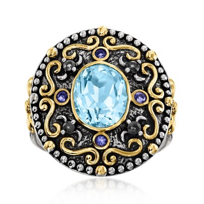 Ross-Simons 4.50 Carat Sky Blue Topaz and .10 ct. t.w. Iolite Ring With .10 ct. t.w. Black Spinels in Sterling Silver and 18kt Gold Over Sterling