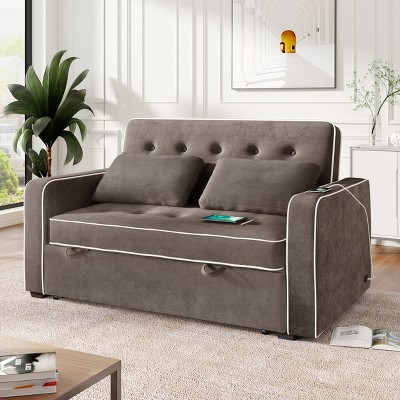 61.42"W Velvet Upholstered Pull-Out Sleeper Sofa Bed with Dual USB Ports, Adjustable Backrest & 2 Throw Pillows - ModernLuxe