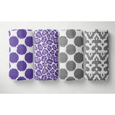 Bacati - Ikat Lilac/Gray Dots/Leopard Swaddling Muslin Blankets set of 4